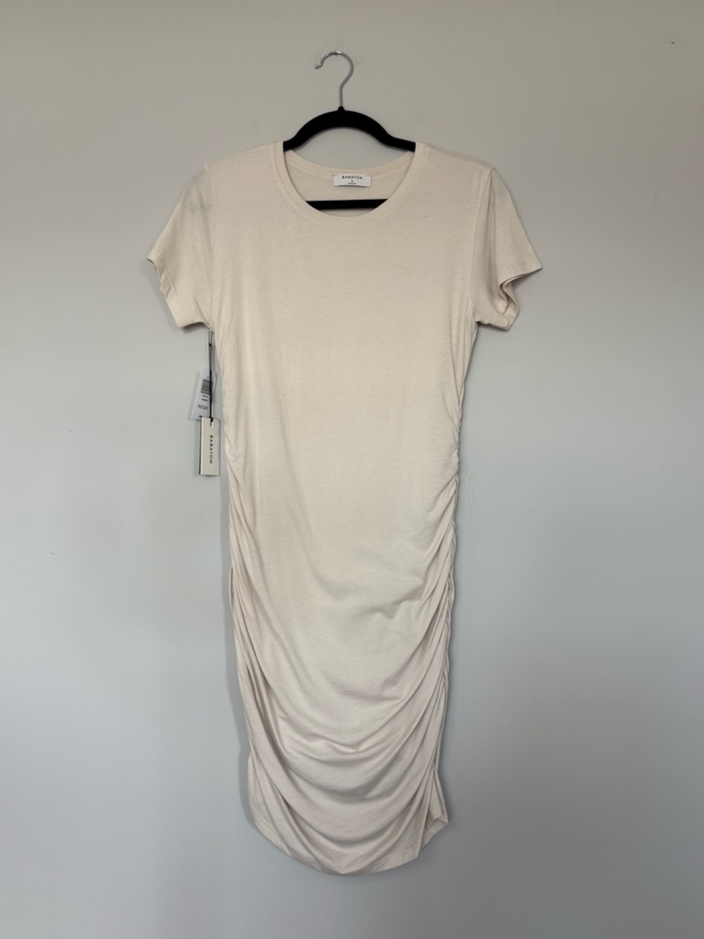 NWT Babaton Covet Ruched Dress Pearl Short Sleeve Bodycon Size M Crewneck Mini